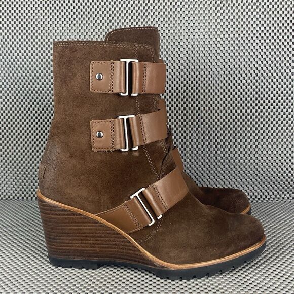 Sorel After Hours Wedge Boots Booties Womens Size 8 Brown Leather Zipper Casual - Picture 1 of 14